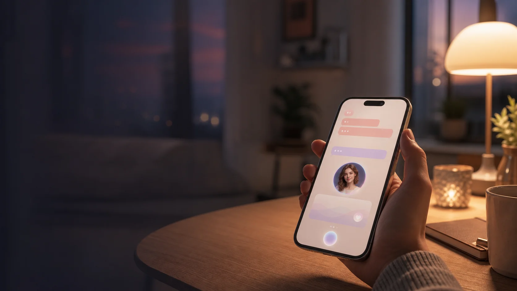 Lumeki companion app shown on a phone in a warm evening room